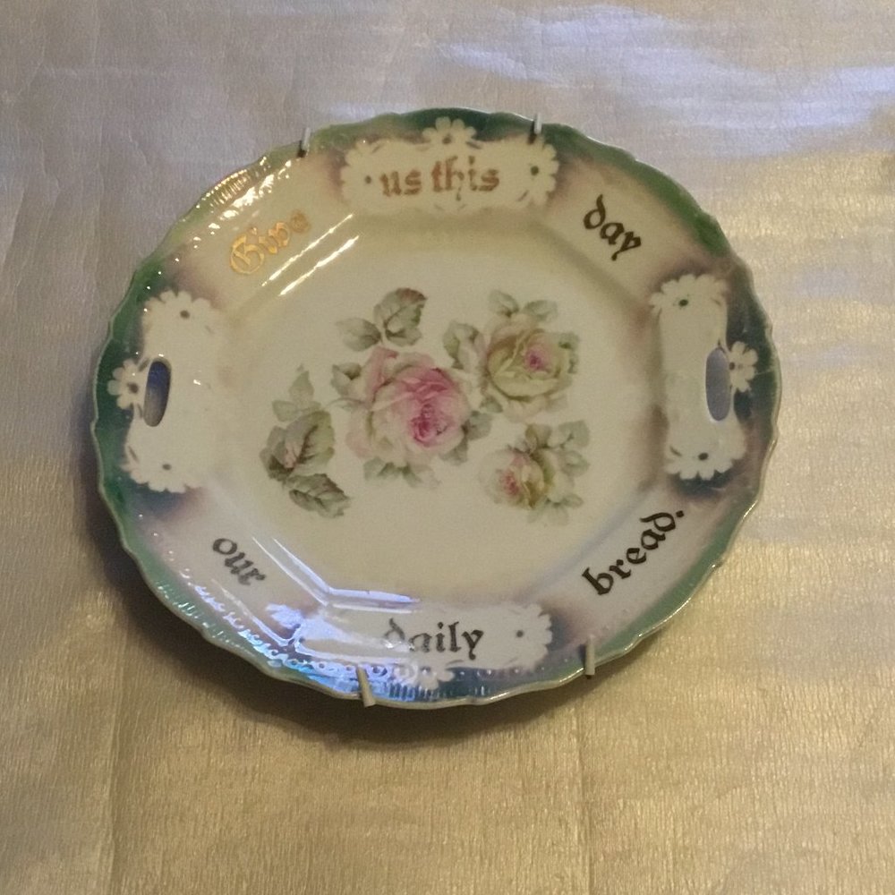 Antique religious Bavaria hand=painted porcelain plate - Give Us This day